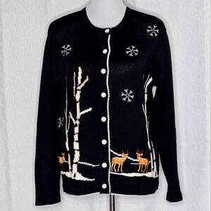 Terazzo Deer in the Forest Black & White Knit Button Front Cardigan Sweater